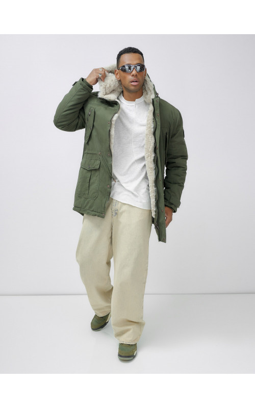 Мужская зимняя удлиненная парка с мехом цвета хаки для активного отдыха в Тюмени