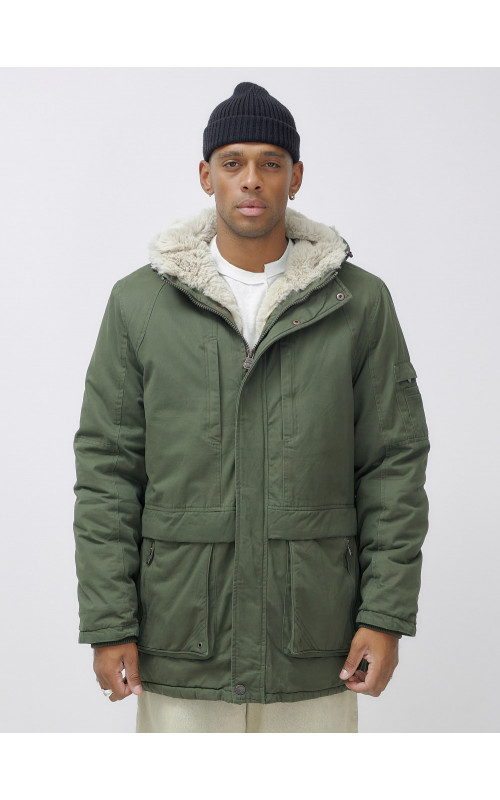 Мужская зимняя парка удлинённая с мехом, цвет хаки. в Тюмени