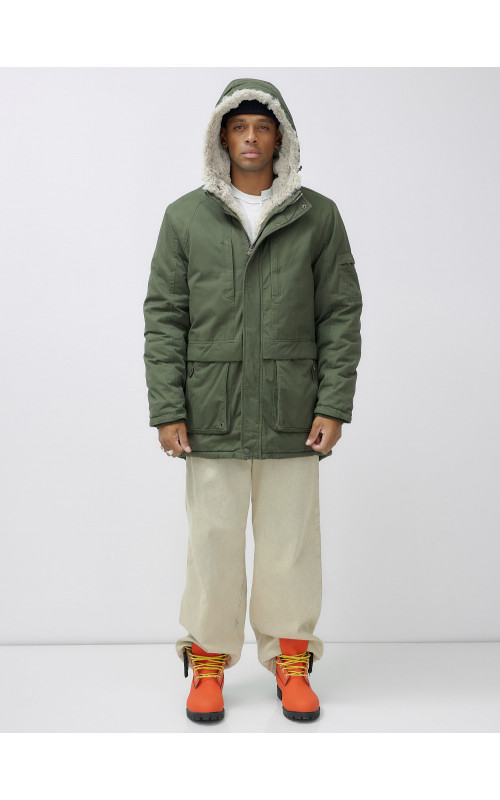 Мужская зимняя парка удлинённая с мехом, цвет хаки. в Тюмени