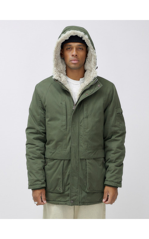 Мужская зимняя парка удлинённая с мехом, цвет хаки. в Тюмени