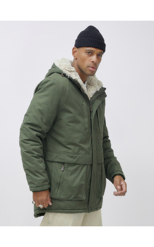 Мужская зимняя парка удлинённая с мехом, цвет хаки. в Тюмени