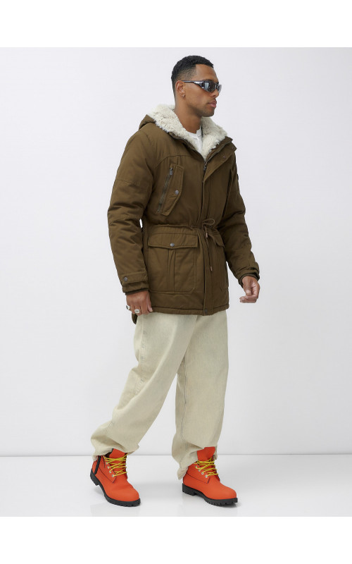 Мужская зимняя удлиненная парка с мехом, тёмно-коричневая в Тюмени