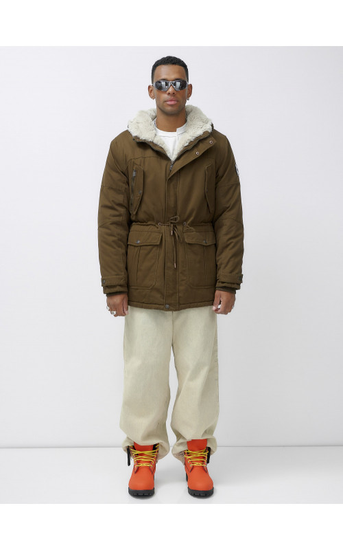 Мужская зимняя удлиненная парка с мехом, тёмно-коричневая в Тюмени