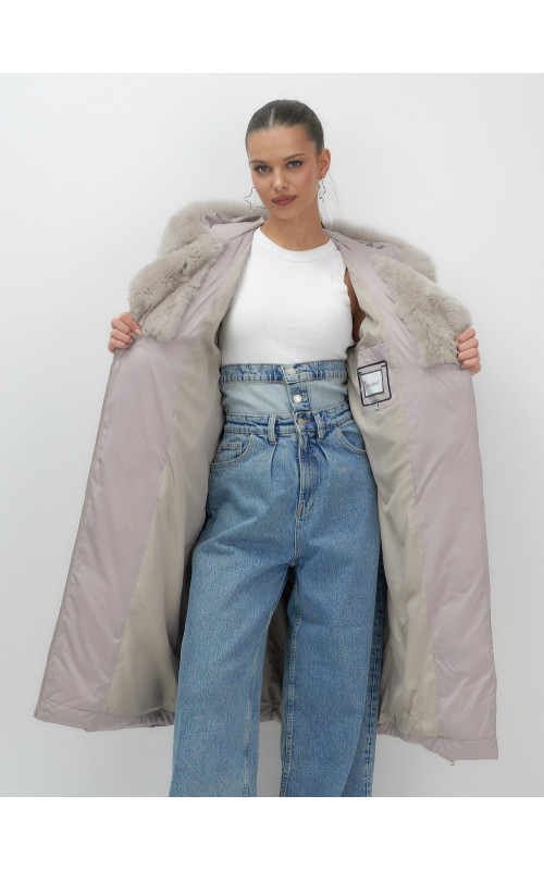 Пуховик премиум-класса с английским воротником из натурального меха кролика, зима 2025