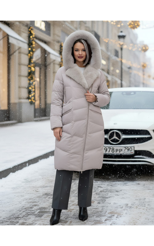Пуховик премиум-класса с английским воротником из натурального меха кролика, зима 2025