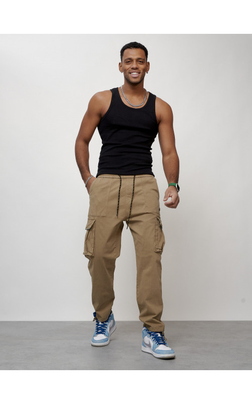 Мужские брюки карго с накладными карманами, бежевые в Тюмени