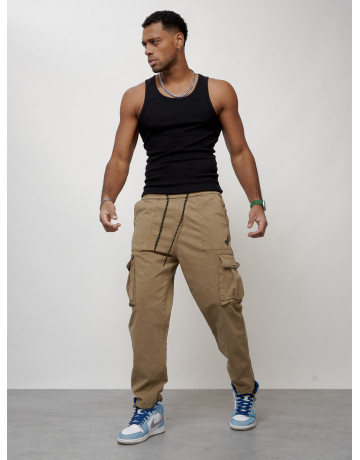 Мужские брюки карго с накладными карманами, бежевые в Тюмени