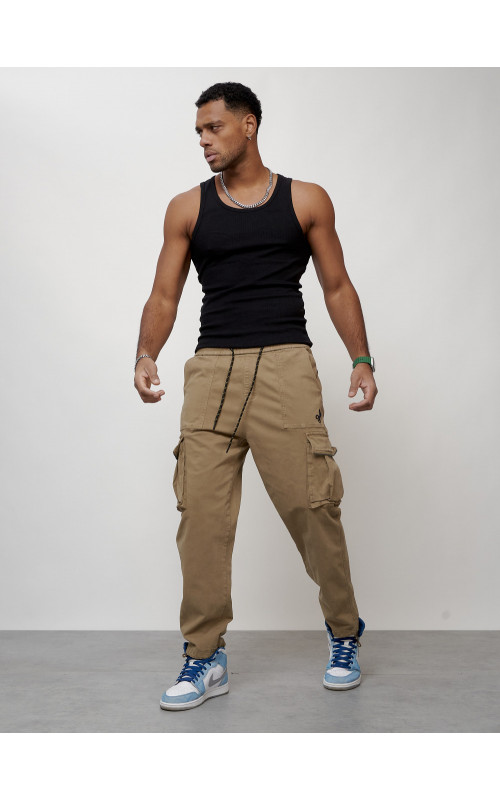 Мужские брюки карго с накладными карманами, бежевые в Тюмени