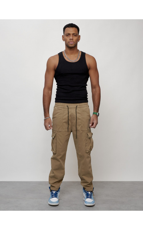 Мужские брюки карго с накладными карманами, бежевые в Тюмени