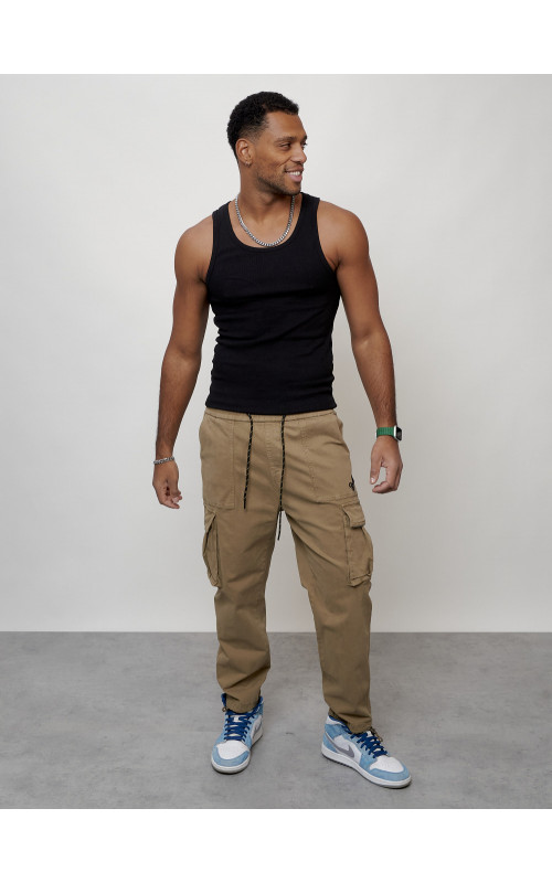 Мужские брюки карго с накладными карманами, бежевые в Тюмени