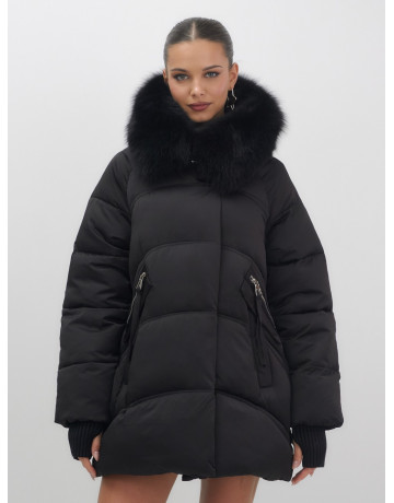 Женский зимний пуховик с мехом и капюшоном, чёрный. в Тюмени