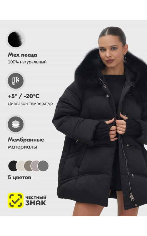 Женский зимний пуховик с мехом и капюшоном, чёрный. в Тюмени