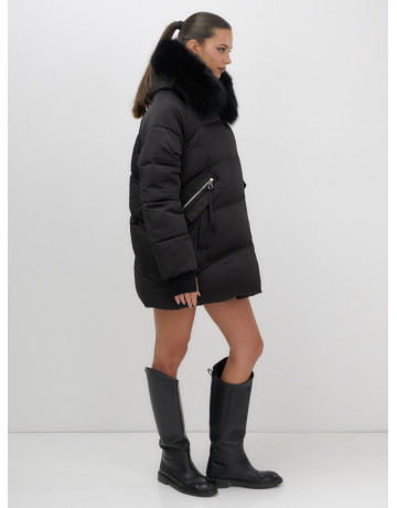 Женский зимний пуховик с мехом и капюшоном, чёрный. в Тюмени