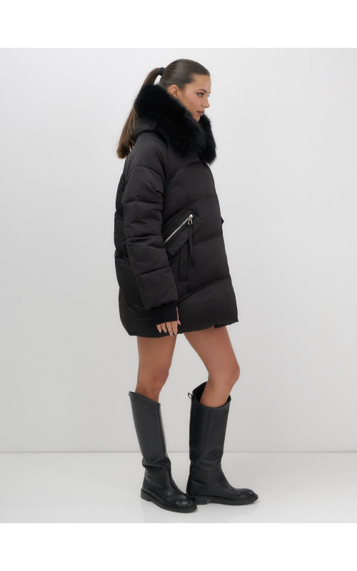 Женский зимний пуховик с мехом и капюшоном, чёрный. в Тюмени