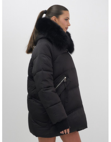 Женский зимний пуховик с мехом и капюшоном, чёрный. в Тюмени