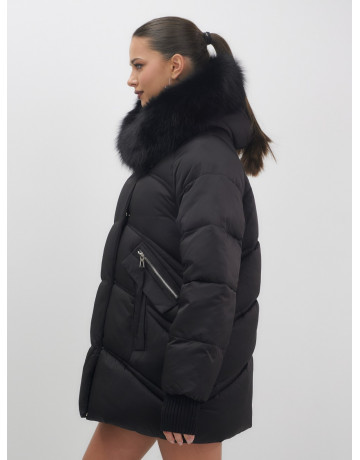 Женский зимний пуховик с мехом и капюшоном, чёрный. в Тюмени