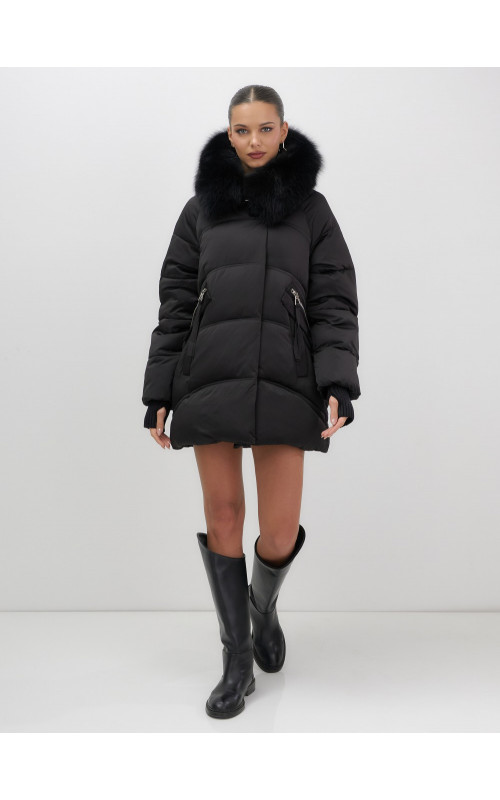 Женский зимний пуховик с мехом и капюшоном, чёрный. в Тюмени