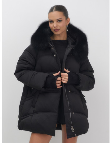 Женский зимний пуховик с мехом и капюшоном, чёрный. в Тюмени