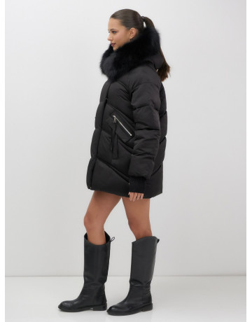 Женский зимний пуховик с мехом и капюшоном, чёрный. в Тюмени