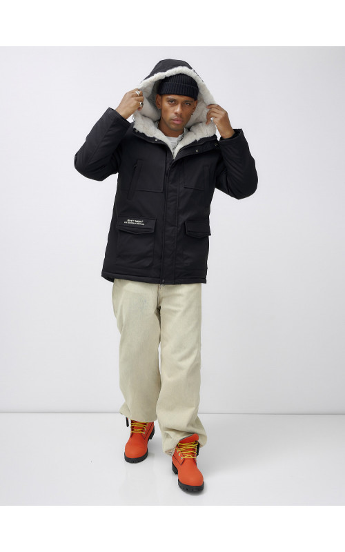 Мужская зимняя удлиненная парка с мехом, чёрная в Тюмени