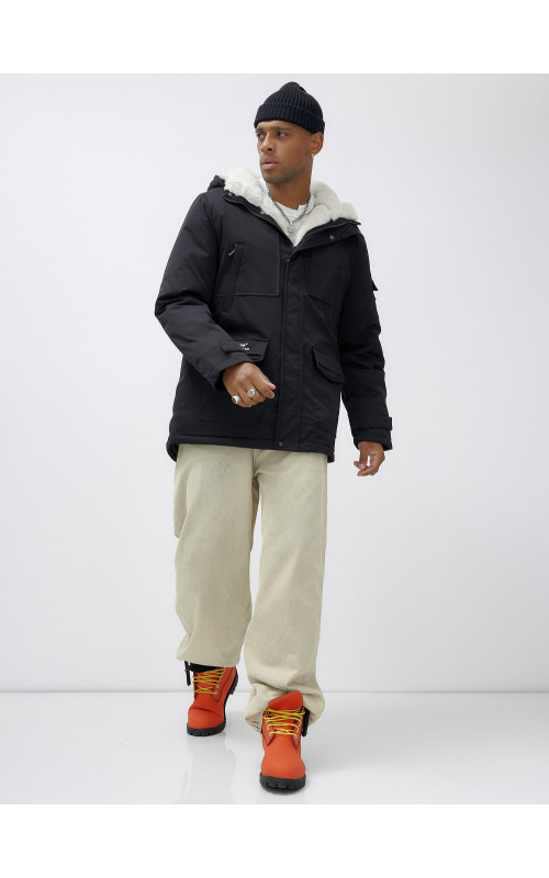 Мужская зимняя удлиненная парка с мехом, чёрная в Тюмени