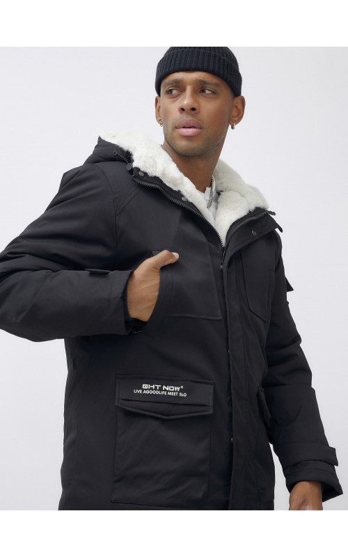 Мужская зимняя удлиненная парка с мехом, чёрная в Тюмени