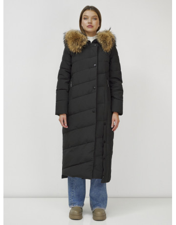 Длинный женский пуховик с мехом енота 