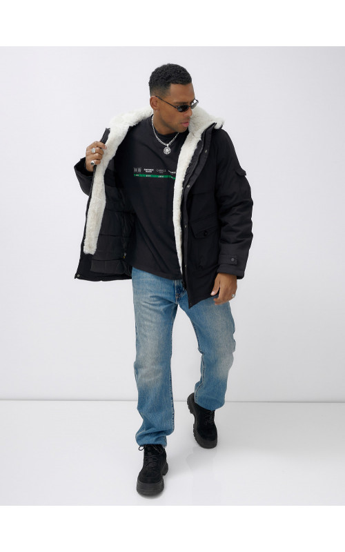 Мужская зимняя удлиненная парка с мехом, чёрная, для активного отдыха в Тюмени