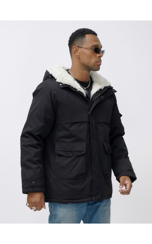 Мужская зимняя удлиненная парка с мехом, чёрная, для активного отдыха в Тюмени
