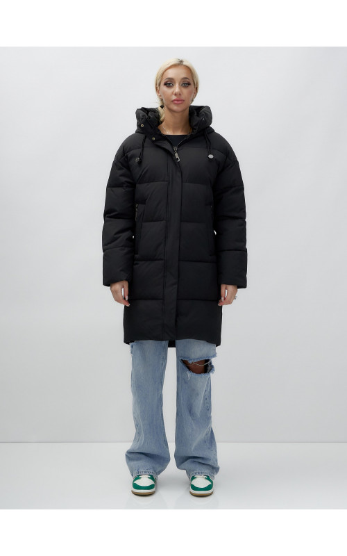 Пуховик женский зимний удлинённый с капюшоном, чёрный. в Тюмени