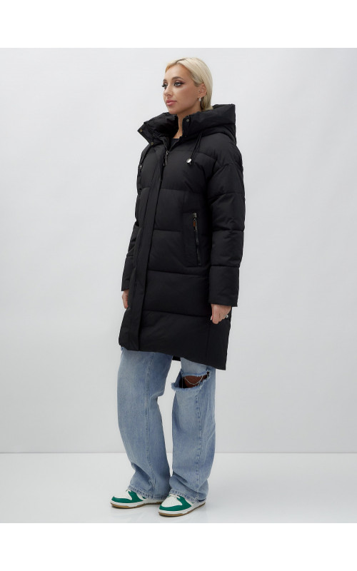 Пуховик женский зимний удлинённый с капюшоном, чёрный. в Тюмени