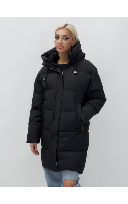 Пуховик женский зимний удлинённый с капюшоном, чёрный. в Тюмени