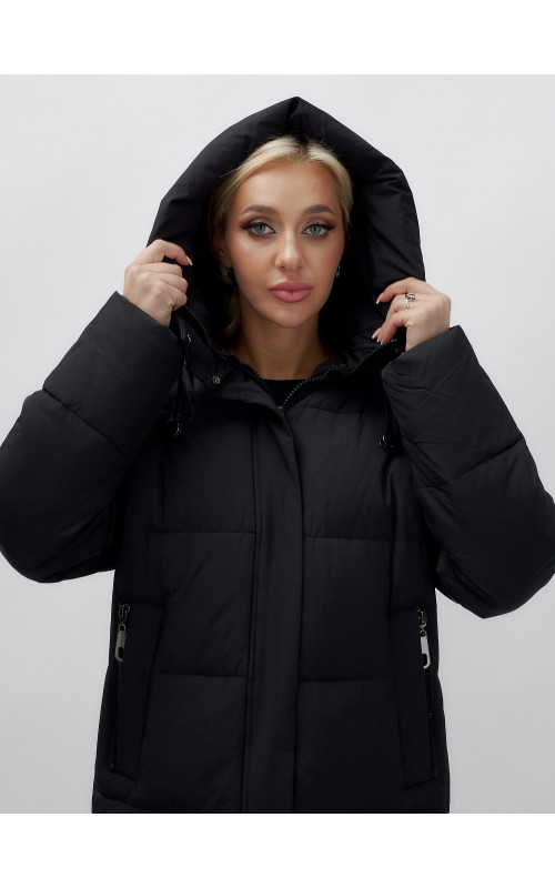 Пуховик женский зимний удлинённый с капюшоном, чёрный. в Тюмени