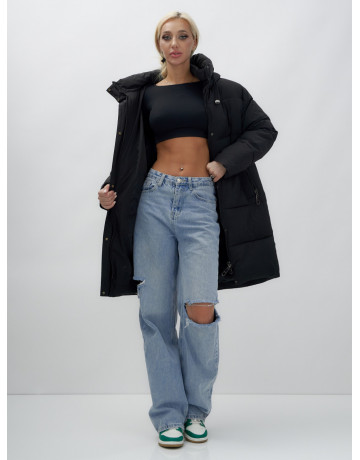 Пуховик женский зимний удлинённый с капюшоном, чёрный. в Тюмени