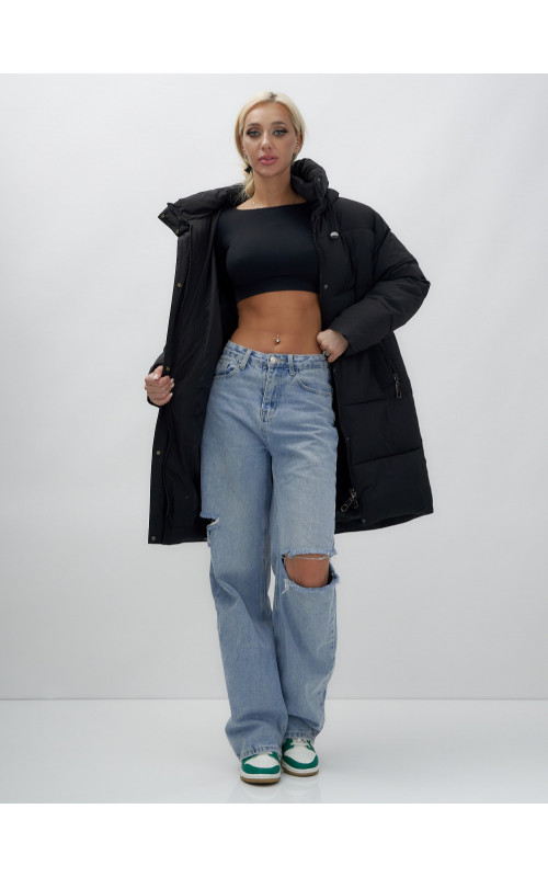 Пуховик женский зимний удлинённый с капюшоном, чёрный. в Тюмени