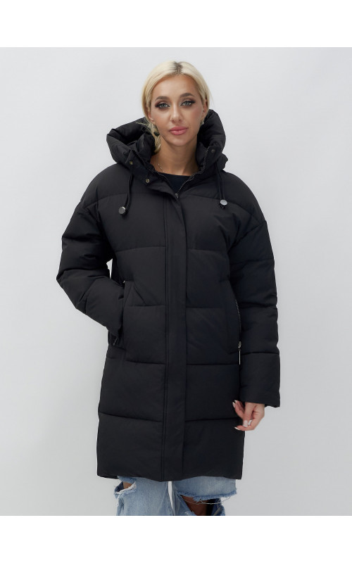 Пуховик женский зимний удлинённый с капюшоном, чёрный. в Тюмени
