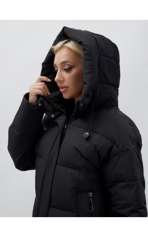 Пуховик женский зимний удлинённый с капюшоном, чёрный. в Тюмени