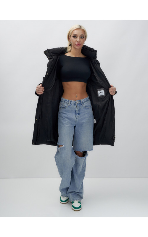 Пуховик женский зимний удлинённый с капюшоном, чёрный. в Тюмени