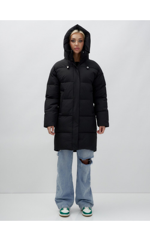 Пуховик женский зимний удлинённый с капюшоном, чёрный. в Тюмени