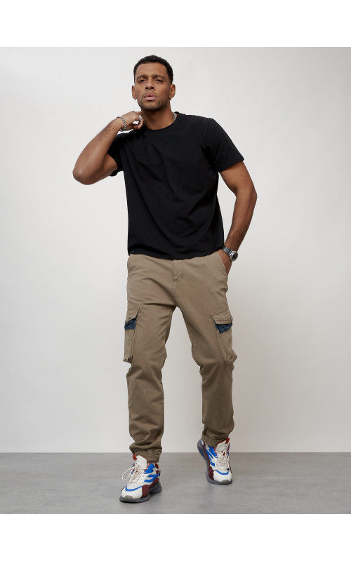 Мужские брюки карго с накладными карманами, бежевые. в Тюмени