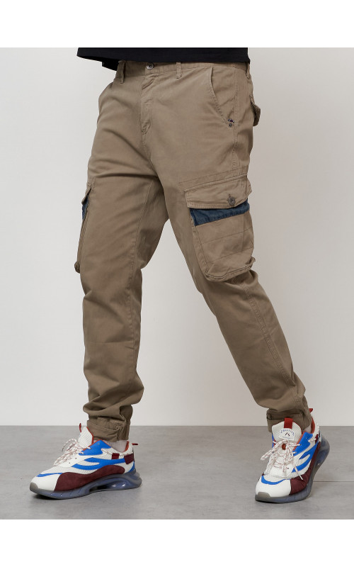 Мужские брюки карго с накладными карманами, бежевые. в Тюмени