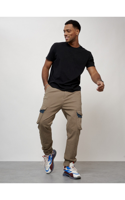 Мужские брюки карго с накладными карманами, бежевые. в Тюмени