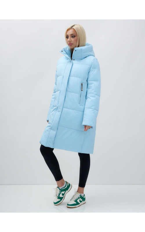 Тёплый женский пуховик до колена с капюшоном.