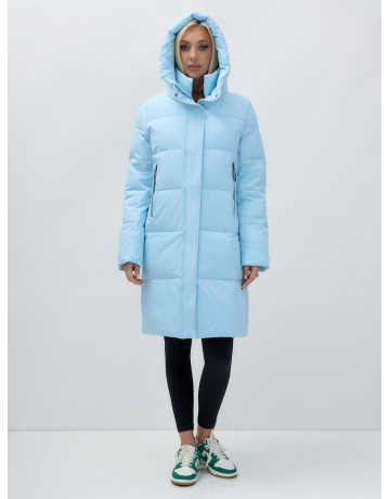 Тёплый женский пуховик до колена с капюшоном.