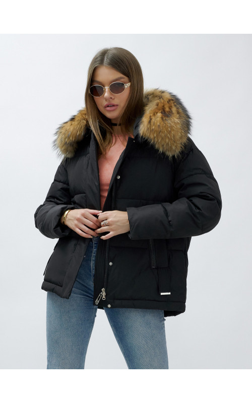 Пуховик женский зимний с мехом енота премиум-класса, чёрный. в Тюмени