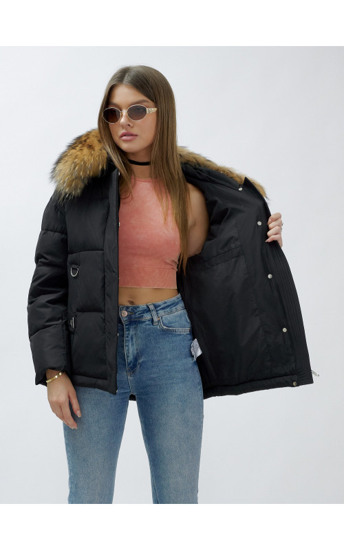 Пуховик женский зимний с мехом енота премиум-класса, чёрный. в Тюмени