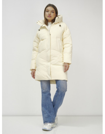 Женский зимний пуховик с капюшоном, светло-бежевый, удлинённый. в Тюмени
