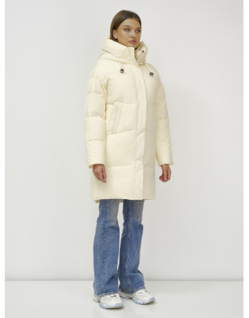 Женский зимний пуховик с капюшоном, светло-бежевый, удлинённый. в Тюмени
