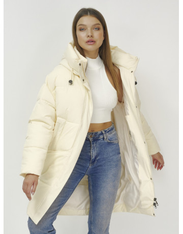 Женский зимний пуховик с капюшоном, светло-бежевый, удлинённый. в Тюмени