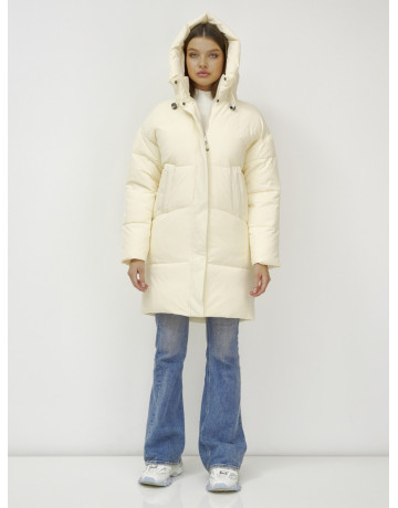 Женский зимний пуховик с капюшоном, светло-бежевый, удлинённый. в Тюмени